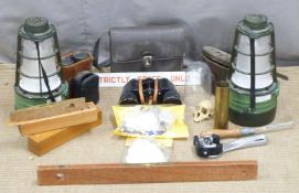 Rabone spirit level, binoculars, two camping lamps, tools, 'Staff Only' vintage sign etc