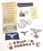 WW2 and earlier Nazi German coins, notes, insignia and badges, some replica items