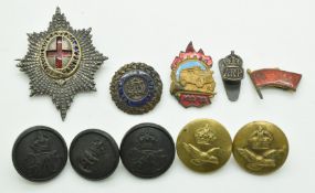 British Army Coldstream Guards cap badge, military buttons, silver ARP badge, etc