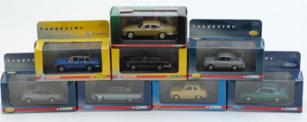 Eight Corgi Vanguards 1:43 scale diecast model vehicles including Ford, Rootes, Triumph, BMC and