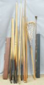 A quantity of snooker/Billiard cues including two cased examples