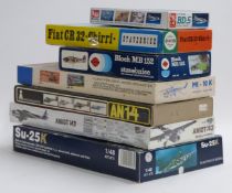 Seven 1:72 and 1:48 scale plastic model kits including Su-25K, Amiot 143, Fiat CR 32-Chirri, Bloch
