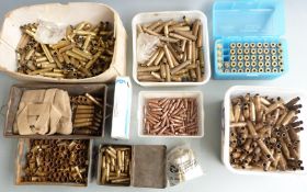 A large collection of .303, 7.62 and .30-06 empty brass cartridge cases.
