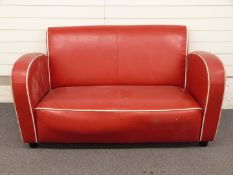 Art Deco/retro red faux leather sofa and footstool with cream piping detail, W141 x D85 x H78cm
