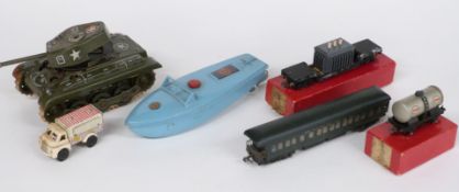 Three clockwork tinplate toys comprising GAMA tank, Sutcliffe boat and an ice cream van together