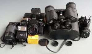 Zenit EM SLR camera with 2/58 Helios lens, Hanimex 1:4.5 f=80-200mm and 1:2.8 f=28mm lenses in