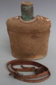 WW1 British Army Royal Medical Corps cloth-covered water bottle with cork stopper and leather
