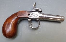 Belgian percussion hammer action pocket pistol with engraved lock and trigger guard, shaped wooden