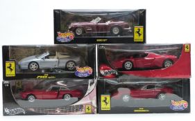 Five Mattel Hot Wheels 1:18 scale diecast model Ferrari sports cars comprising 250 GT, Enzo, F355