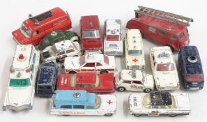 Sixteen Corgi, Dinky Toys and similar diecast model emergency vehicles including Fire Chief