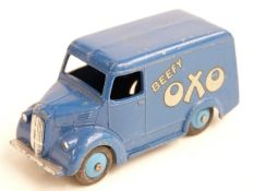 Dinky Toys diecast model OXO Trojan van with 'Beefy OXO' decals, dark blue body and light blue hubs,