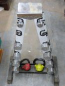 York weights on stand and two further weights, H113cm