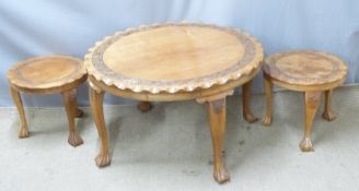 Circular oak side table and two similar tables, largest diameter 76 x H47cm