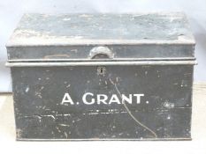 Military style twin handled metal storage trunk stamped A. Grant, 56 x 35 x 31cm.
