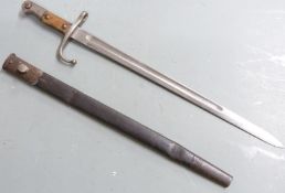 Turkish 1890 pattern sword bayonet with some clear markings, 45cm fullered blade and leather