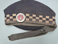 British Army Lovat's Scouts Regimental diced bonnet, dark navy with long ribbon tails and badge,