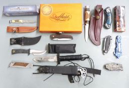 Six folding pen/utility knives together with three sheathed knives, one a military style survival