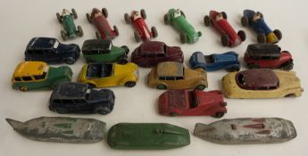 Twenty Dinky Toys diecast model vehicles including HMW, Alfa-Romeo, Cooper-Bristol, Maserati, Land