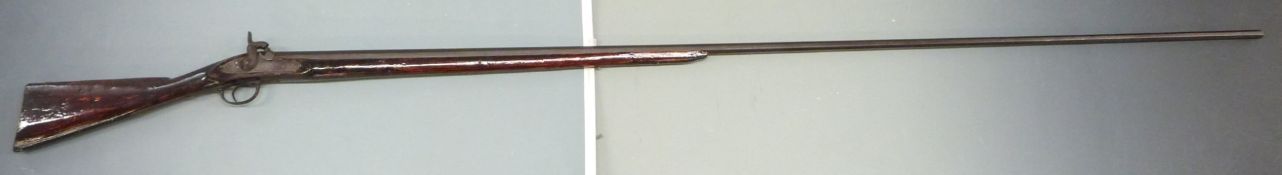 Unnamed percussion hammer action kiln gun with 66 inch smooth bore octagonal barrel, overall
