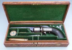 English 54 bore transitional style six-shot double action revolver with engraved frame, bar hammer