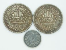 Two 1938 George VI Australian crowns together with a 1905 Canadian 25 cent coin