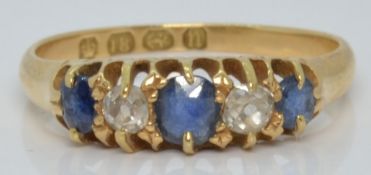 Victorian 18ct gold ring set with sapphires and diamonds, Birmingham 1888, 2.7g, size O
