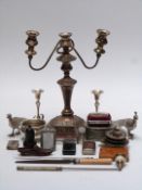 Silver plated and collectable items to include candlestick, peacock and carved wooden shoe