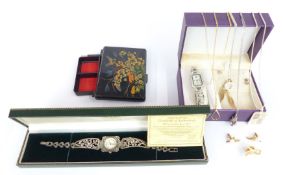 A silver necklace, pair of 9ct gold earrings (0.7g), silver watch etc