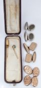 A pair of 9ct gold cufflinks with engraved decoration (3.7g), other cufflinks and a 9ct gold pin set