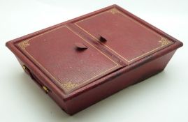 A late 19th/20thC sewing / needlework red Morocco leather workbox with fitted interior and