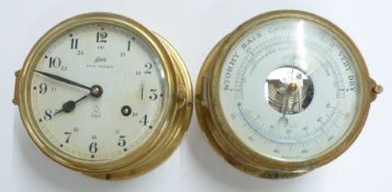 Shatz Royal Mariner brass ship's bulkhead clock, eight day movement striking on a bell, together