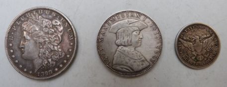 1898 Morgan USA dollar together with a 1916 quarter and a Maximillian I 50 Austrian shillings