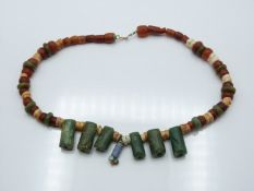 Ancient pre-Columbian Tairona carnelian agate and jasper stone beaded necklace