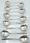 George V set of eight hallmarked silver Hanovarian rat tail pattern soup spoons, Sheffield 1922,