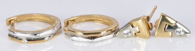 Two pairs of 9ct bi-coloured gold earrings set with cubic zirconia, 6.5g