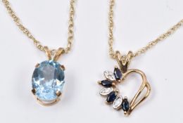 Two 9ct gold pendants, one set with an aquamarine and a pendant set with sapphires and diamonds, 2.