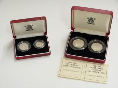 Two Royal Mint 1992 silver proof Piedfort pairs comprising 50p and 5p / 10p sets, both cased with