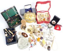 A collection of jewellery including vintage brooches, cameos, necklaces, silver ring, filigree