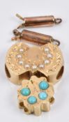 Two 14k gold charms one set with seed pearls and another turquoise (2.5g) and two 9ct gold clasps (