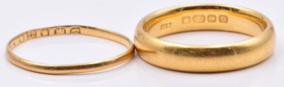 Victorian 22ct gold wedding band/ ring, Birmingham 1869, size K and a 22ct gold wedding band/ring,