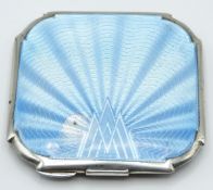 Art Deco hallmarked silver and blue guilloché enamel compact, Birmingham 1934 maker William