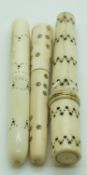 Three 19thC turned ivory Indian Madras ware needle cases, longest 8.5cm