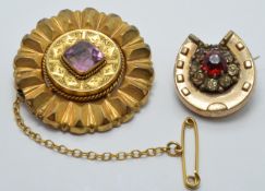 Victorian yellow metal brooch and another Victorian horseshoe brooch set with paste
