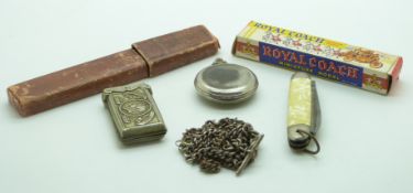 Hallmarked silver double Albert watch chain, Perry and Co steel pen makers advertising vesta,