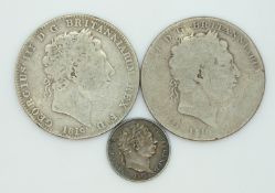 Two 1819 George III crowns and a 1816 bull head sixpence