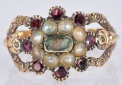 Victorian mourning ring set with seed pearls and foiled garnets, 2.4g, size O