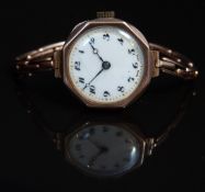 Buren 9ct gold ladies wristwatch with blued Breguet hands, black Arabic numerals, gilt minute