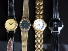Four gold plated ladies wristwatches comprising Raymond Weil 9920 and 5789, Enzo Giomani and one