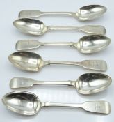 Harlequin set of six Victorian Irish hallmarked silver fiddle pattern dessert spoons, Dublin 1848,