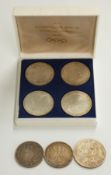 Seven coins comprising cased set of four 1972 Munich Olympic 10 mark silver coins, a 1237-1987